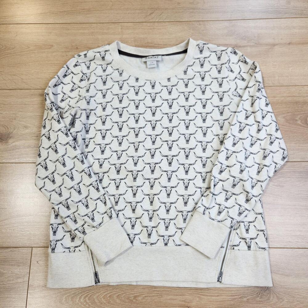 Ariat Sweatshirt Womens Large White Longhorn Skull Pullover Side Zip Western